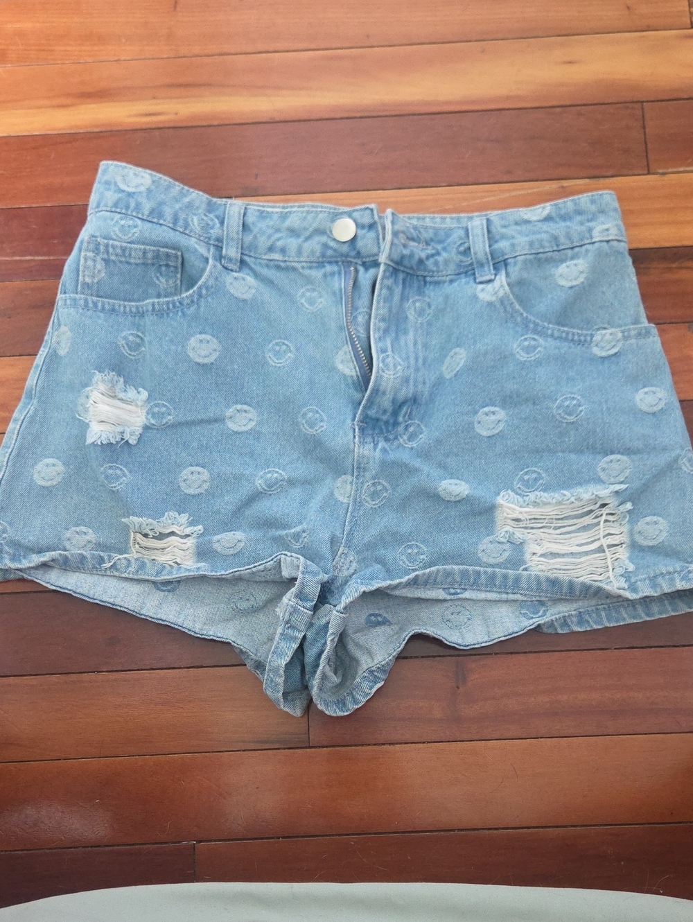 Le Lis Light Blue Smiley Print Distressed Denim Shorts Smiley Face